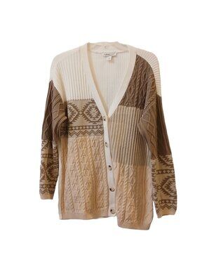Coldwater Creek Womens Small Patchwork Knit Cardigan Sweater Beige Tribal #I-4